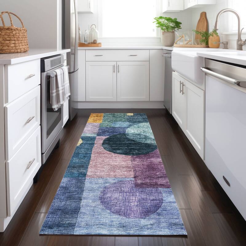 Machine Washable Indoor/ Outdoor Abstract Geo Chantille Rug - Blue - 2'3" x 7'6"