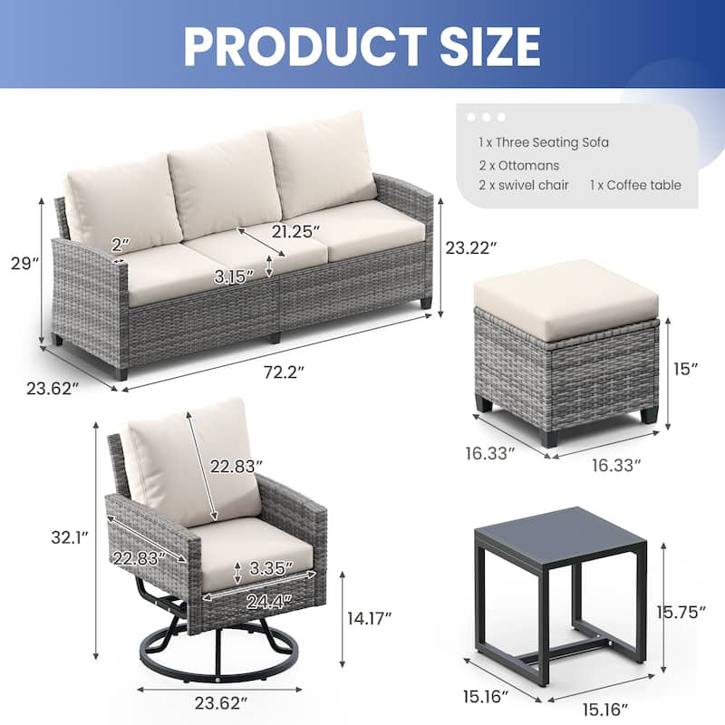 6-Piece Wicker Patio Conversation Set with Swivel Chairs