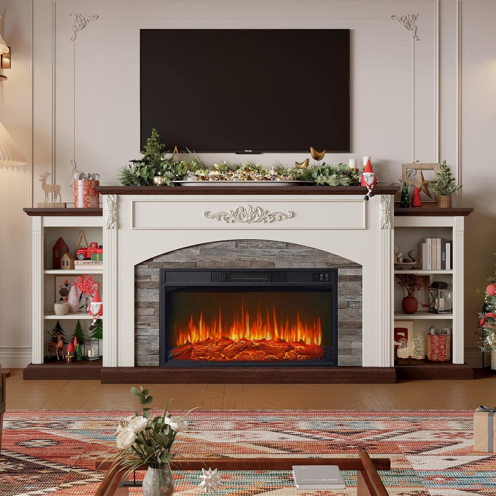 78 inch Electric Fireplace Mantel Fireplace TV Stand Entertainment Center with 30 inch Fireplace Insert Heater and Storage