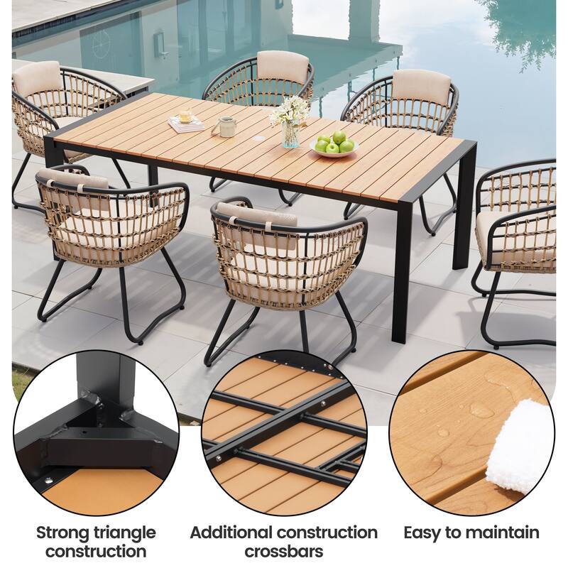 Outdoor Patio Dining Set Aluminum Table with Umbrella Hole with Rattan Chairs