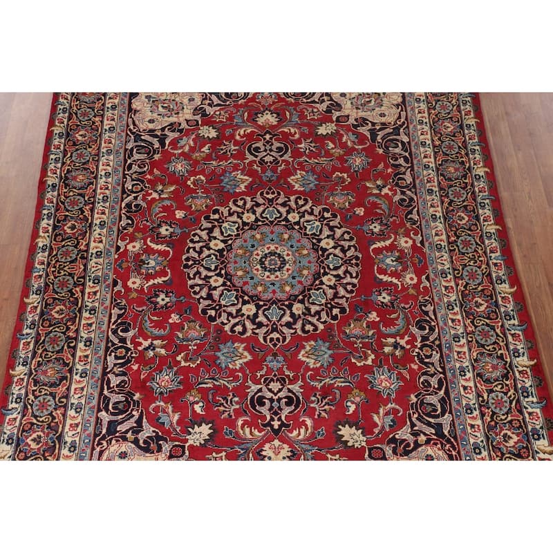 Traditional Red Mashad Persian Vintage Rug Hand-Knotted Wool Carpet - 6'7"x 10'0"
