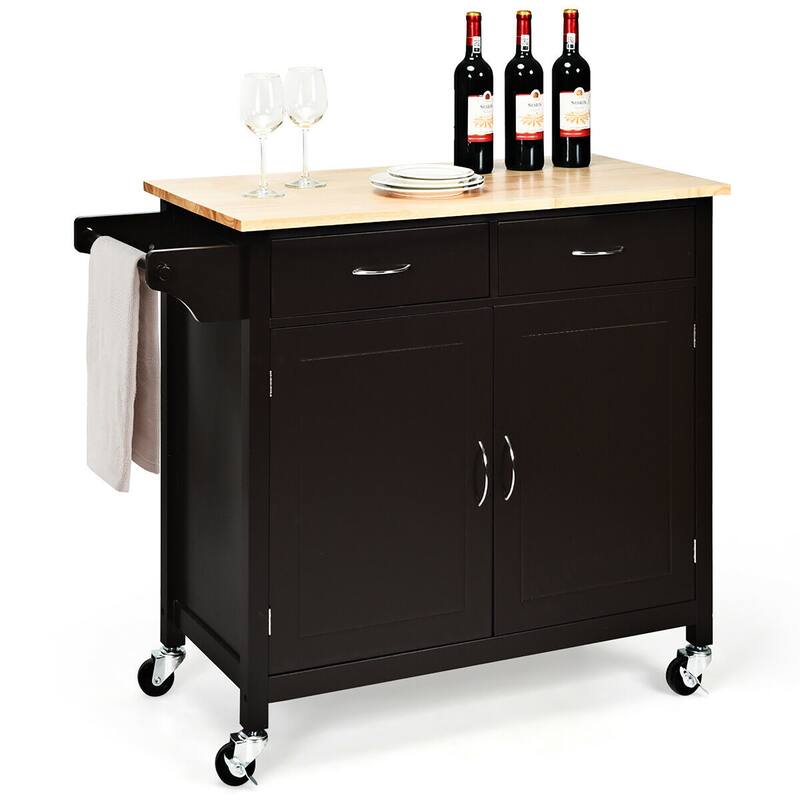 Costway Modern Rolling Kitchen Cart Island Storage Trolley Cabinet - Brown - Kitchen Cart