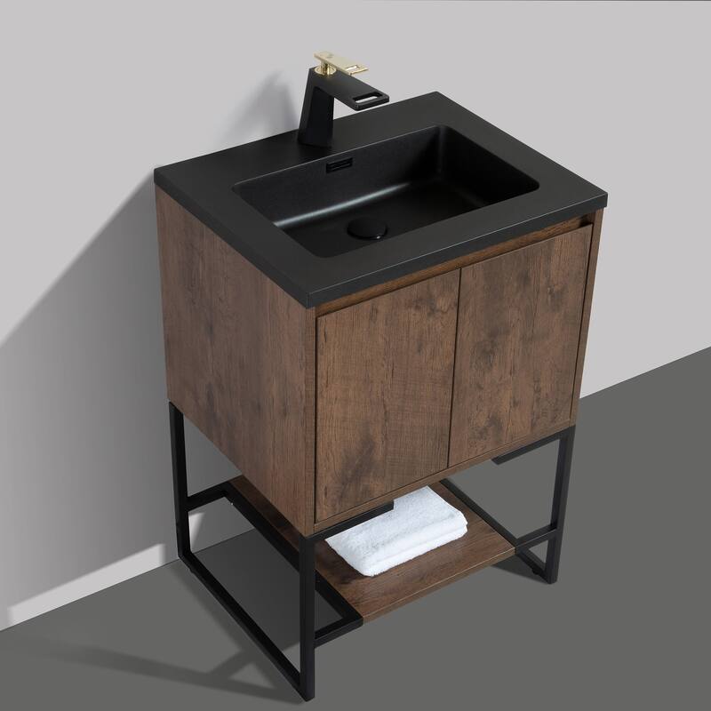 Freestanding Bathroom Vanity Set in Rose Wood with Integrated Solid Surface Sink