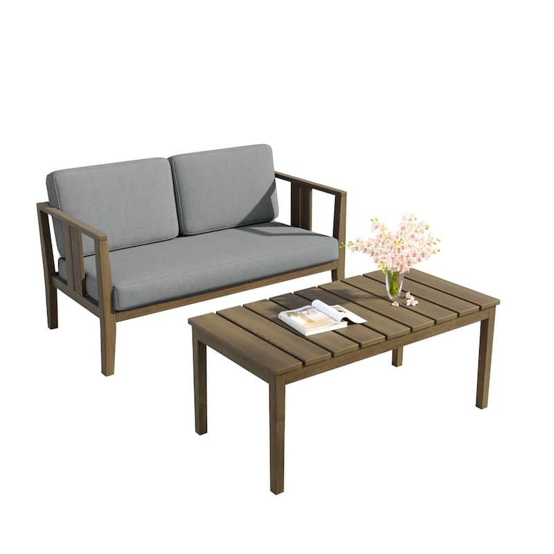 Teak Wood Water Resistant Outdoor Loveseat and Coffee Table Set (Set of 2)