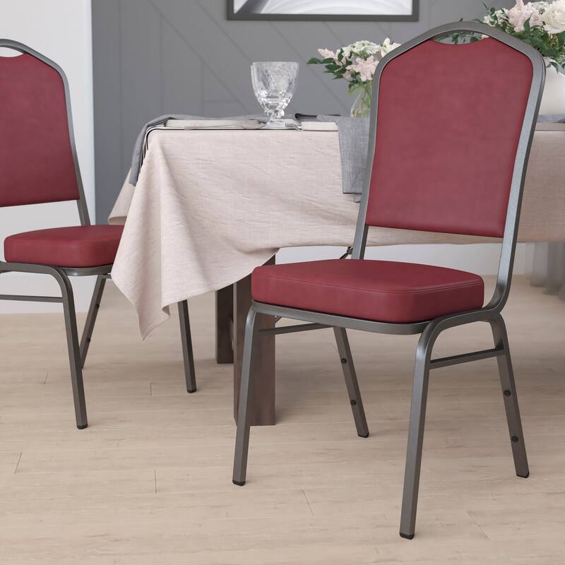 Crown Back Stacking Banquet Chair - Burgundy Vinyl/Silver Vein Frame