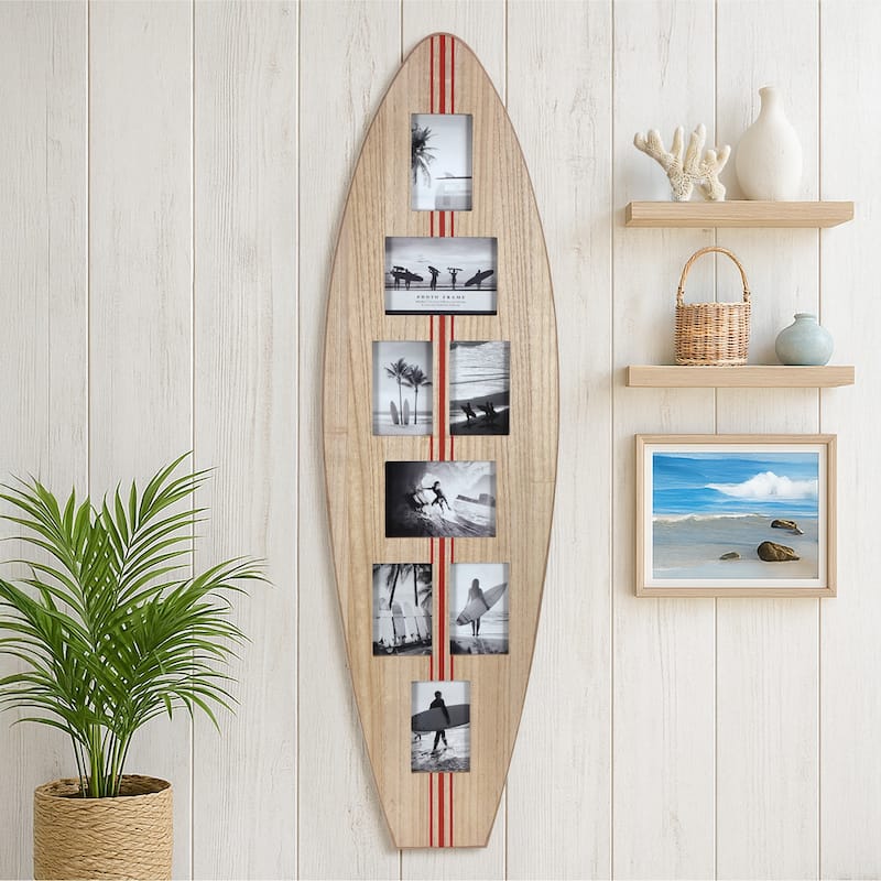 American Art Decor Surfboard Photo Collage Wall Decor - 8 or 3 - Photo Beach Frame - 8 Photos Coastal Surfboard