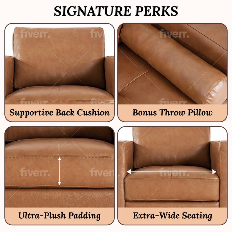 Premium Cowhide Leather Accent Chair – High-Density Cushions, Spacious Seating, and Mid-Century Modern Design
