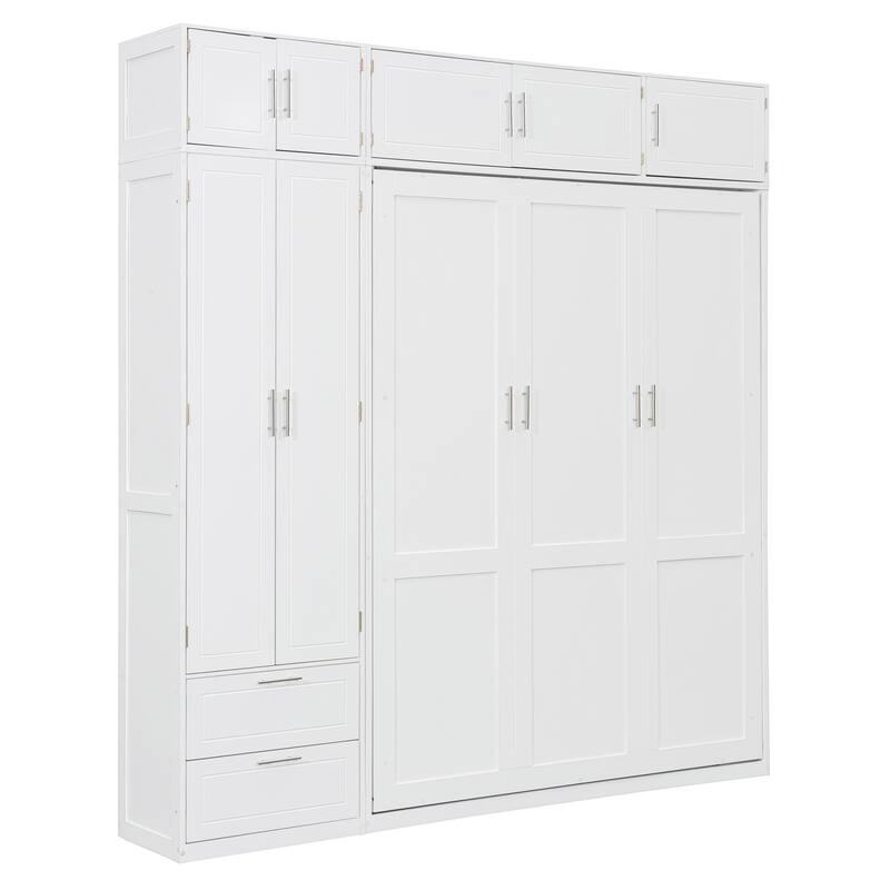 All-in-one Bookcase Murphy Bed Wood Foldable Hidden Bed Wall Platform Bedframe Chest Queen Bed wTop Cabinet & Storage Headboard