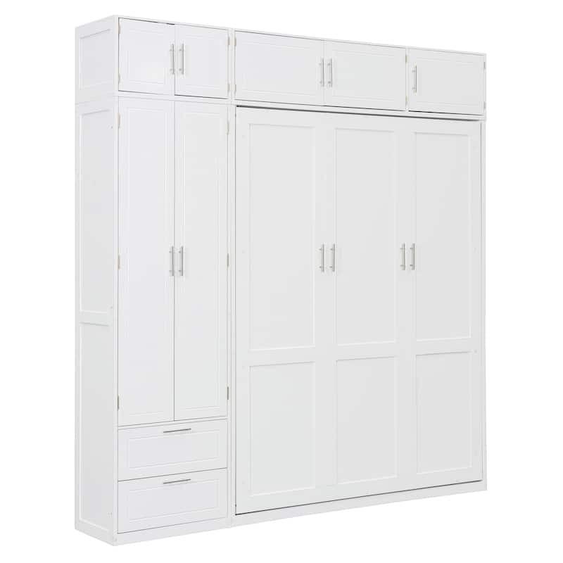 Queen Size Murphy Bed with Storage - Space-Saving Wall Bed with 3 Cabinets, Wardrobe and 2 Drawers