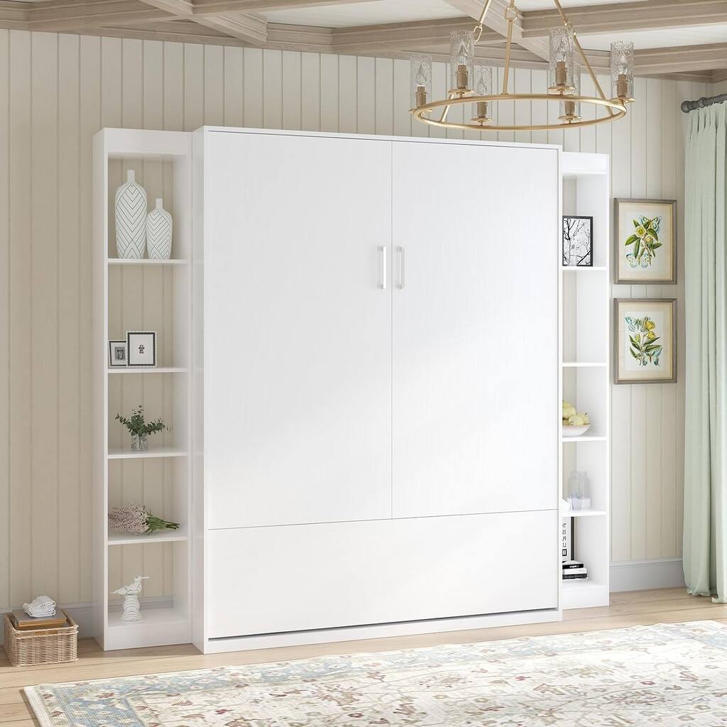 Mixoy Murphy Bed,Folding Wall Bed with 2 Side Cabinet Shelves