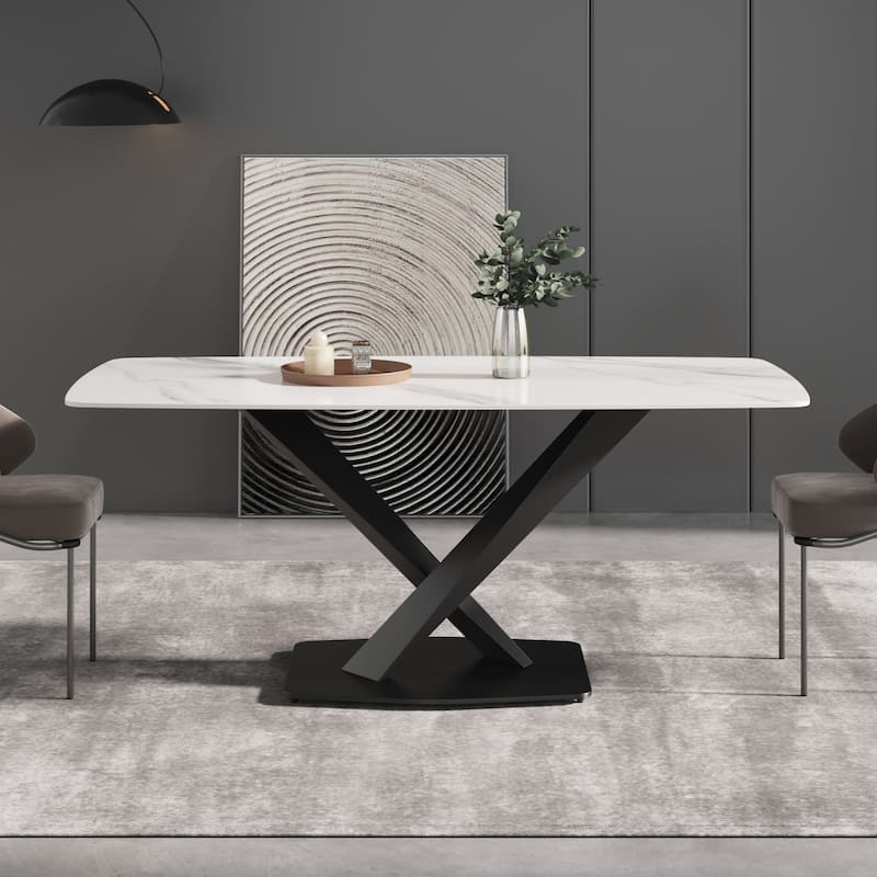 71" Modern Dining Table with Slate Stone Top and Metal Legs, Marble Dining Table