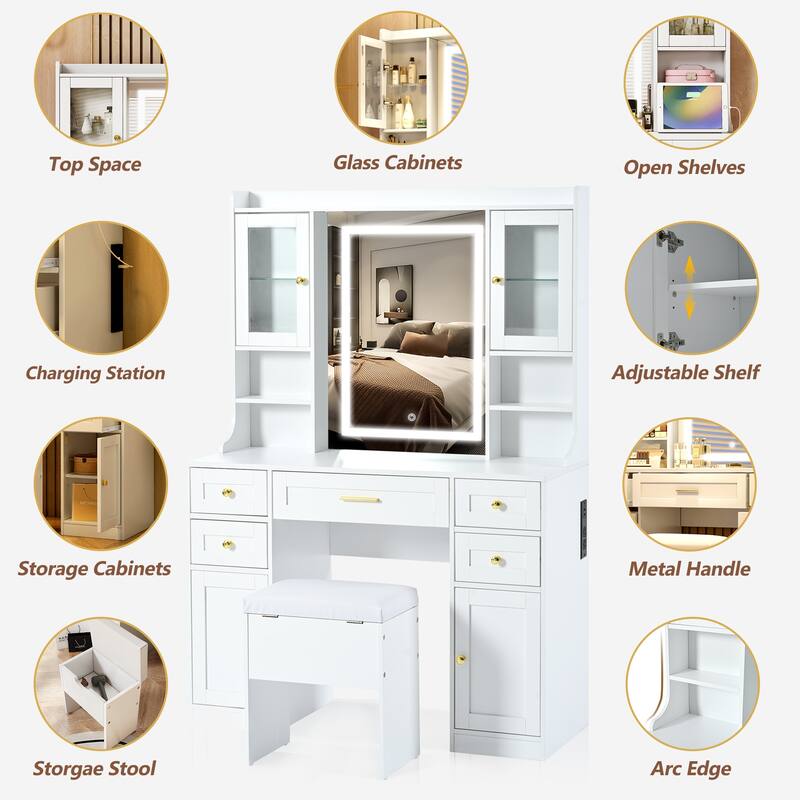 41.4" Makeup Vanity Desk with Mirror, Makeup Table with 5 Drawers and 4 Cabinets, Dressing Table with Charging Station