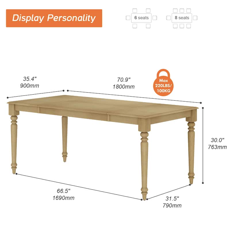 Farmhouse Dining Table for 6-8, Rubber Wood Dinner Tables for Kitchen - 70 Inch