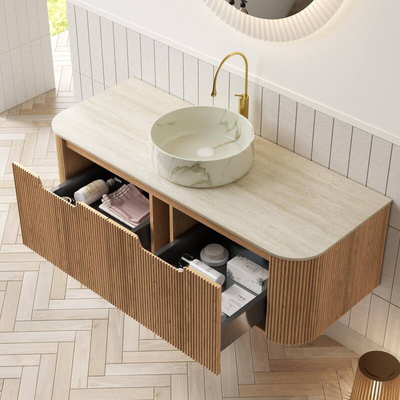 Floating Bathroom with Round Ceramic Basin and Storage Drawer