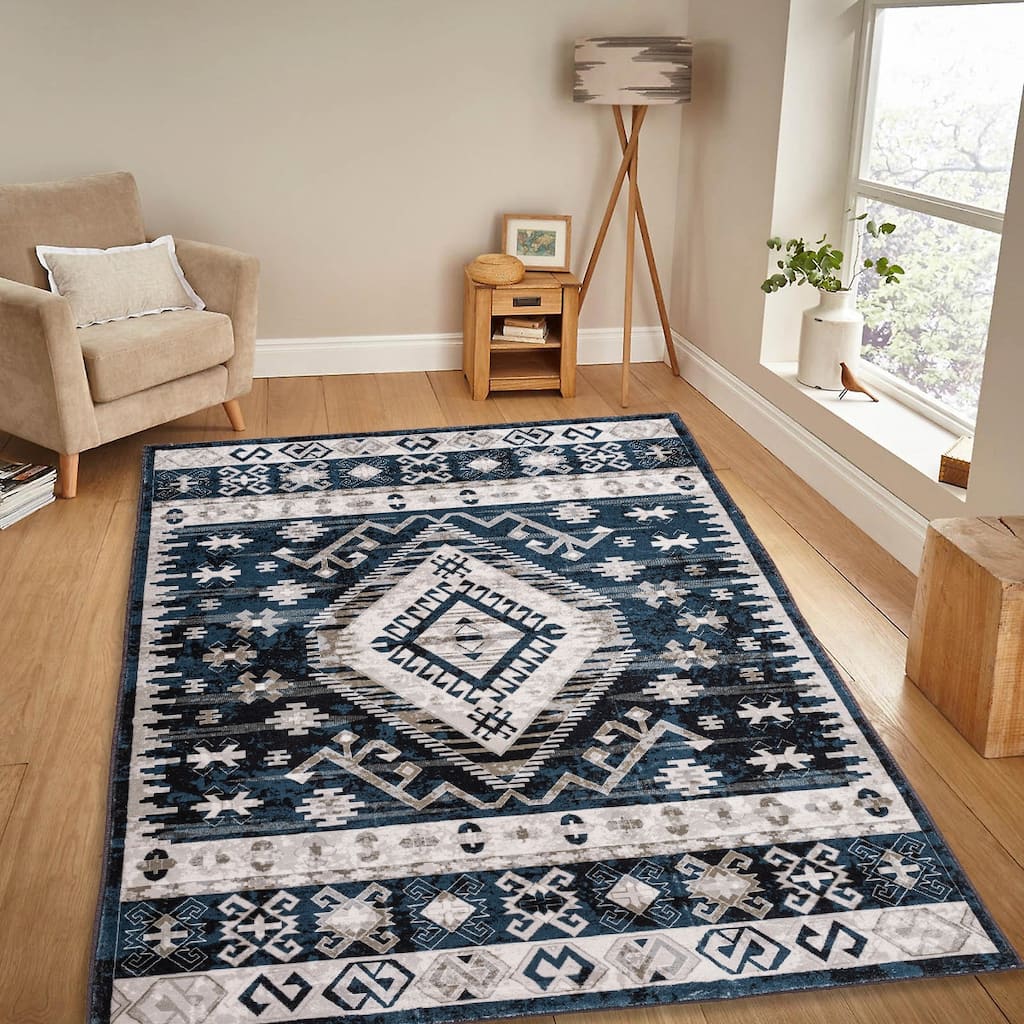 Area Rug 5x7 Vintage Bohemia Large Persian Non-slip Washable Rug For Living Room Kitchen Bedroom Living Room Geometry Blue/Black