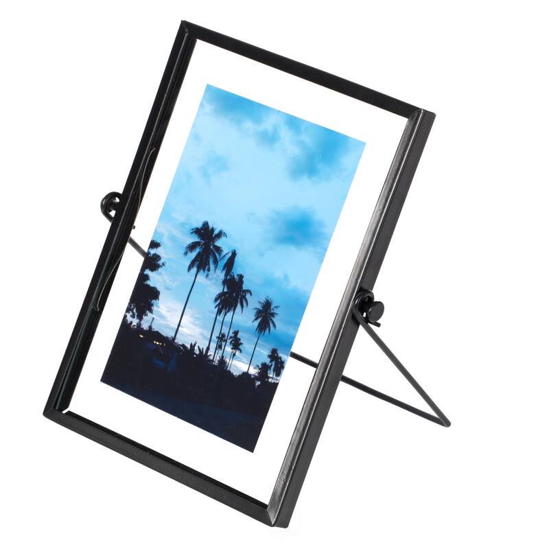 Modern Metal Floating Tabletop Photo Picture Frame with Glass Cover and Easel Stand - Medium - Black