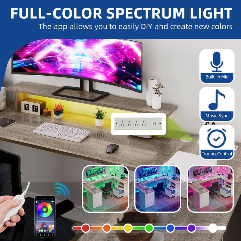 Moasis Farmhouse U-Shaped Desk with LED Lights & Power Outlet