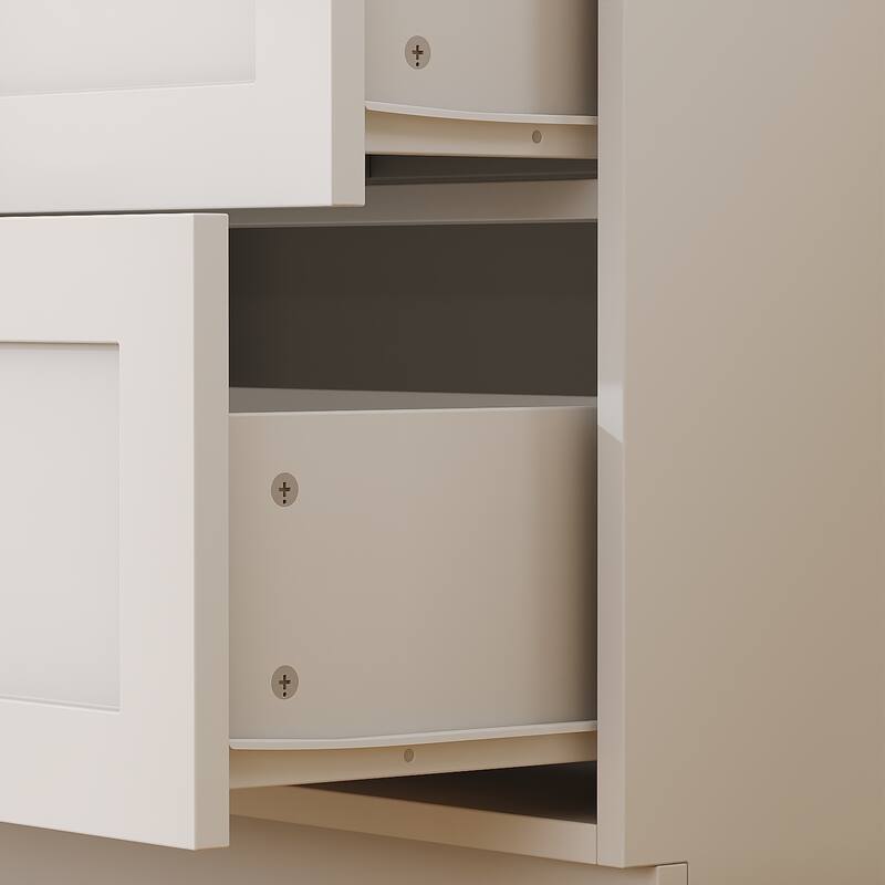 Multi-Functional White Kitchen Storage Cabinet with Drawers and Glass Doors, MDF & Metal Hardware