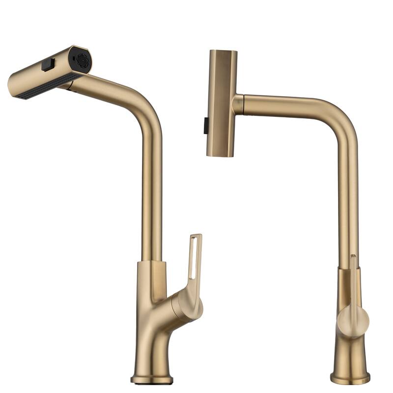 360° Rotating Single Handle Kitchen Sink Waterfall Faucet with Pull Down Sprayer (Only 1 Faucet) - Brushed Gold