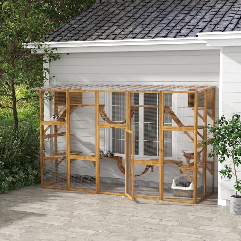 PawHut Catio Playground Outdoor Cat Enclosure Wooden Cat House Shelter