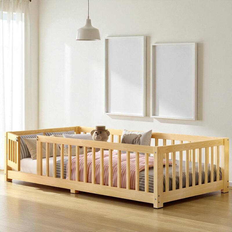Twin/Full/Queen Size Wood Floor Bed with Door and Guardrails for Kids, Montessori Bed with Removable Slats