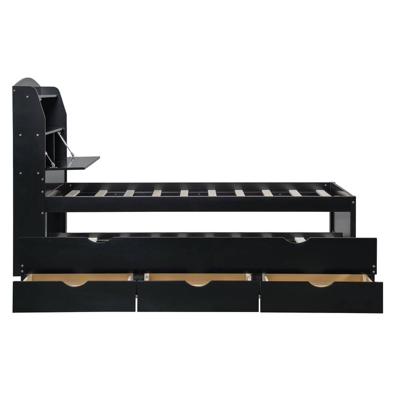 Twin Size Espresso Wooden Bed with LED Night Light, Trundle, and Under-Bed Storage Drawers