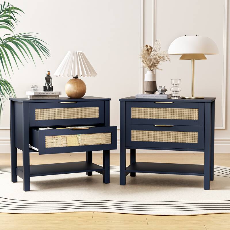 Rattan Nightstand with 2 Drawers and Storage Shelf Boho Bedside Narrow Side Table for Bedroom