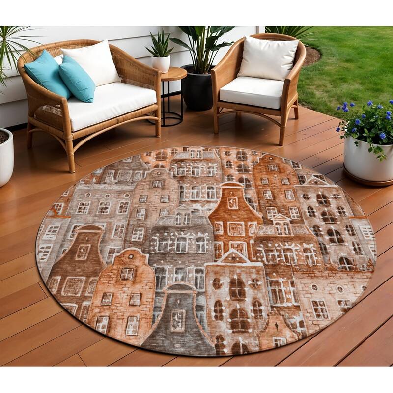 HomeRoots Village Houses Transitional Rectangle Outdoor Rug - 8' Round