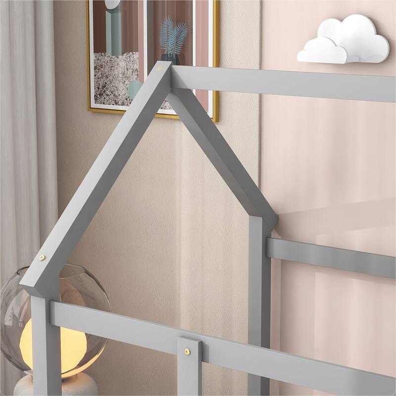 Floor Wooden Bed with House Roof Frame, Fence Guardrails