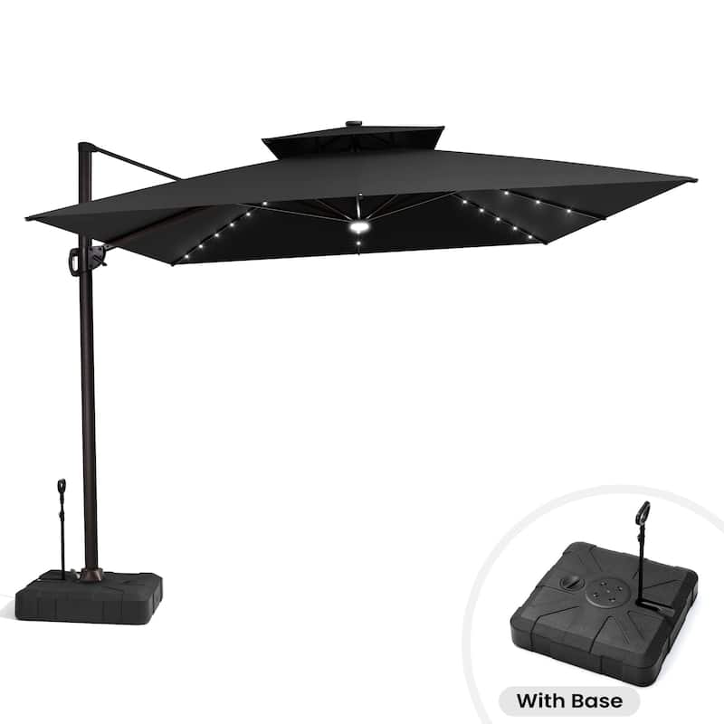 11 ft Outdoor Aluminum Dual Top Solar Powered LED Patio Cantilever Umbrella and Weighted Base with Wheels and Drag Rod - Black