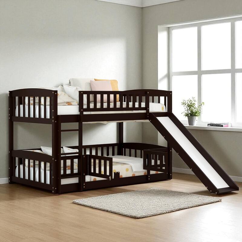 Twin Over Twin / Full Over Full Bunk Bed with Slide and Fence, Low Wood Frame with Ladder for Kids and Teens - Espresso - Twin