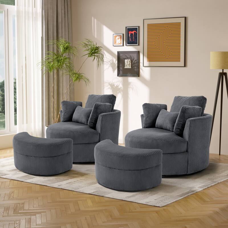 Upholstered Swivel Accent Barrel Chair And Storage Ottoman Sets - Corduroy - Gray/Corduroy