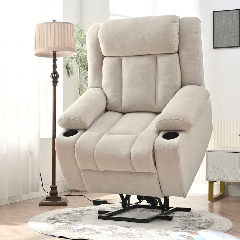 Power Lift Recliner Chair with Extended Footrest, Home Theater Lounge Sofa with Remote Control, Cup Holders & Side Pockets