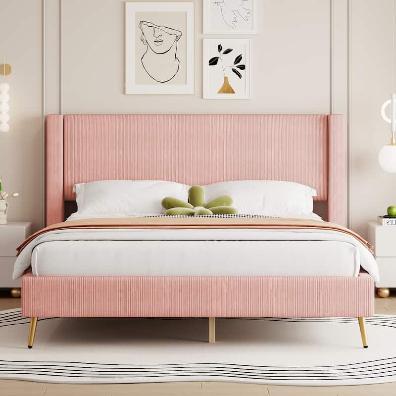 Queen Size Corduroy Platform Bed with Tufted Headboard