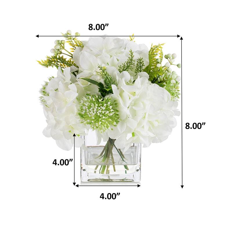 Mixed Silk Hydrangea Flower in Clear Glass Vase With Faux Water for Home Wedding Office Decoration
