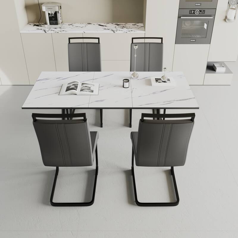 5-Piece Expandable Dining Table Set with C-shaped Tubular Cushioned Armless Chair, Scratch Resistant Plastic Feet
