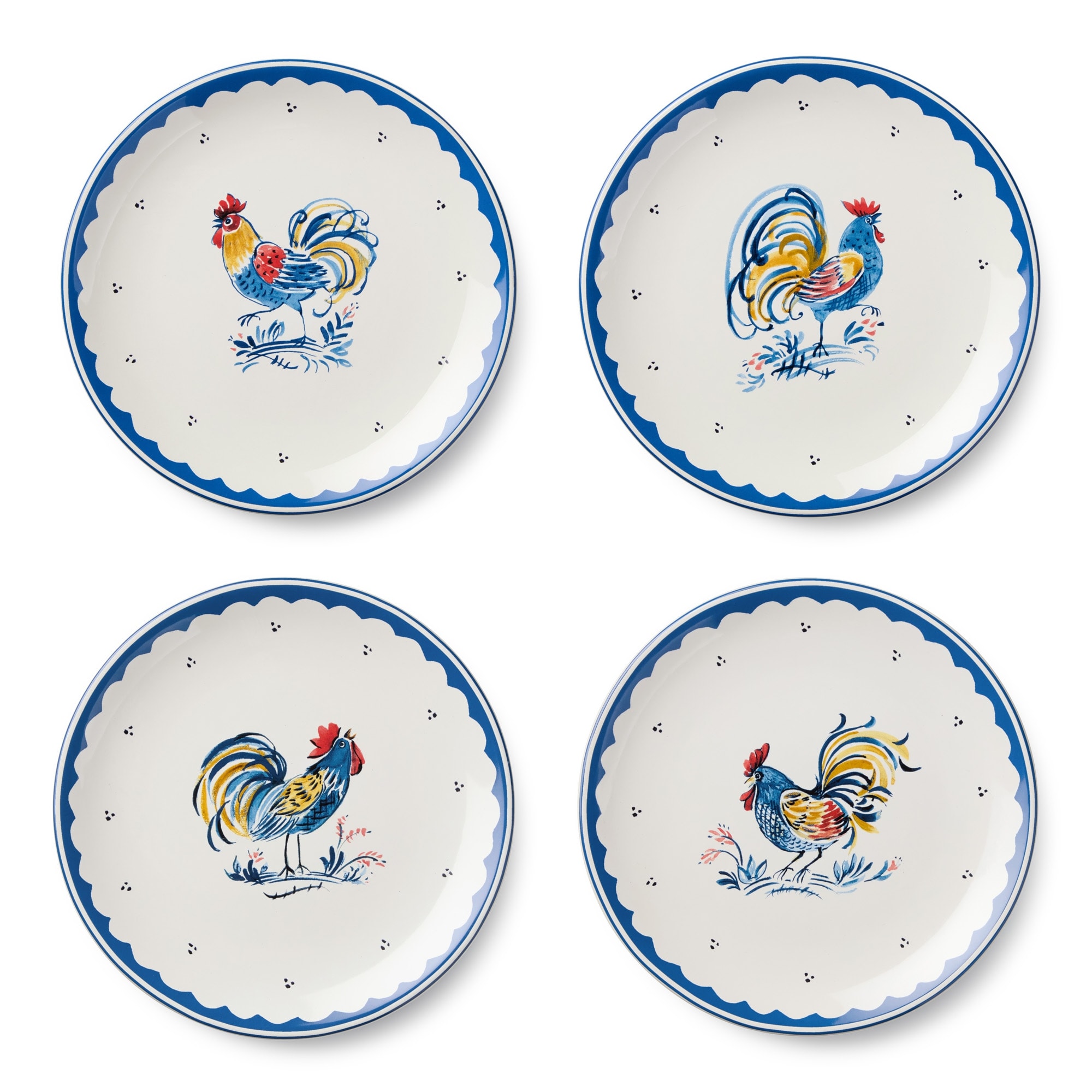 Certified International French Rooster 9" Salad/Dessert Plates, Set of 4 Assorted Designs - 9.00"L x 9.00"W x 1.00"H