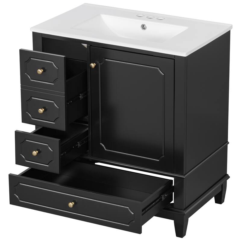 30" Bathroom Vanity With Sink, Freestanding Vanity Cabinet With Ceramic Basin, 3 Drawers, Storage Shelves Included