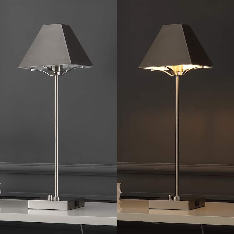 Houston 25" Industrial Style Iron Pyramid Bedside LED Table Lamp with USB Charging Port, Nickel by JONATHAN Y