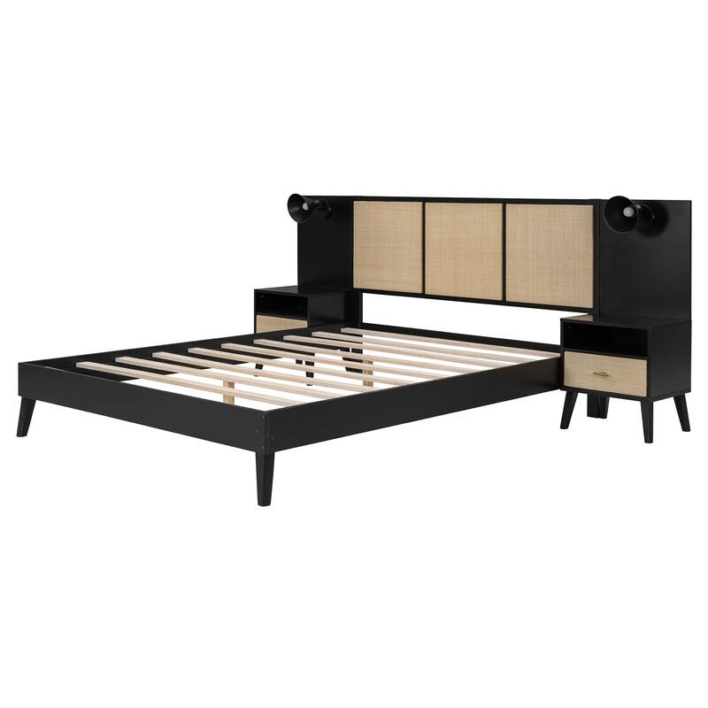 Queen Size Platform Bed with 2 Nightstands and 2 Lamps, Wooden Bed Frame with Elegant Rattan Headboard and Wood Combination
