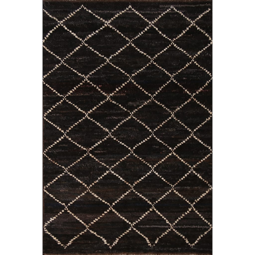Black Trellis Moroccan Oriental Rug Handmade Wool Carpet - 4'1" x 6'1"