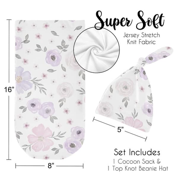 Watercolor Floral Collection Girl Baby Cocoon and Beanie Hat Sleep Sack - 2pc Set - Purple Pink Grey Boho Shabby Chic Flower