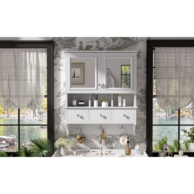 Anmytek 24 Inch 4 in 1 Bathroom Mirror Cabinet Wall Mounted Medicine Cabinet with Drawers and Organizer Hooks