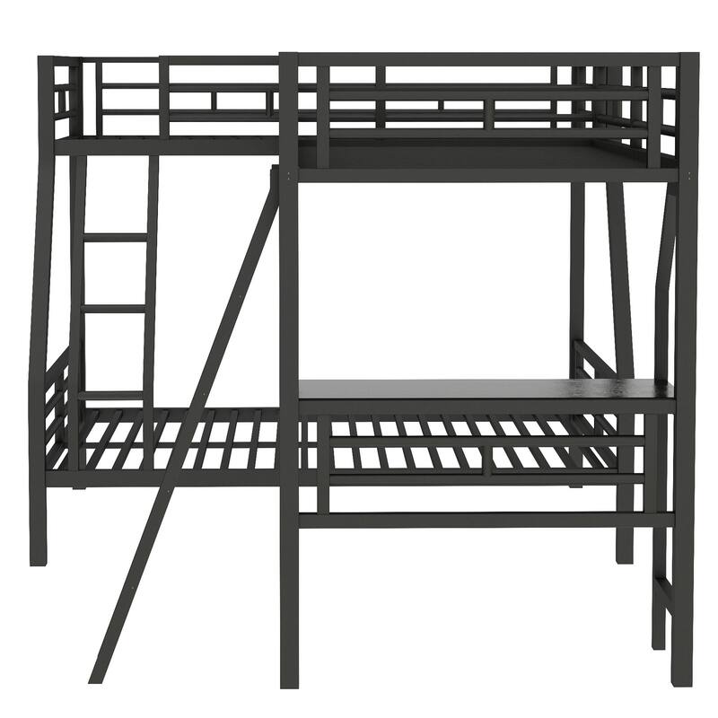 Roomfitters Twin Over Full Bunk Bed with Attached Twin Loft and Desk, Space-Saving Metal Frame for Bedroom, Black