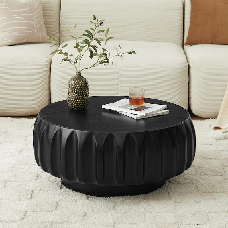 Modern Round Carved Coffee Table, Stylish Solid Wood Coffee Table with Sculpture Design, for Living Room