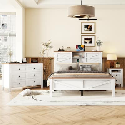 Bedroom Sets Queen Size Platform Bed with Charging Station,Nightstand,Dresser(Set of 3)