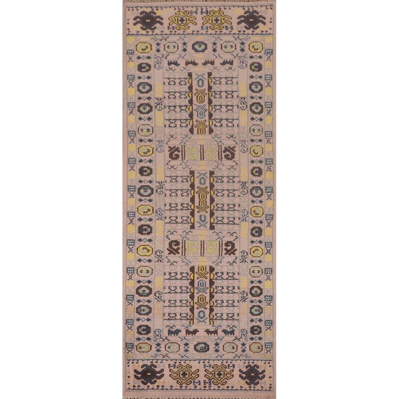 Tribal Geometric Khotan Runner Rug Hand-Knotted Wool Carpet - 2'7"x 8'0"