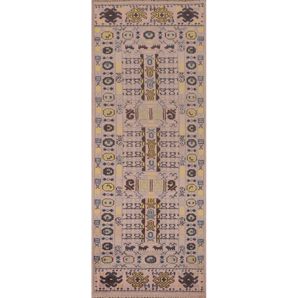 Tribal Geometric Khotan Runner Rug Hand-Knotted Wool Carpet - 2'7"x 8'0"