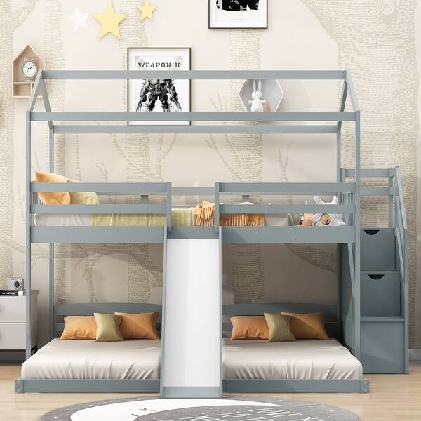 slide 2 of 19, Twin Over Full Bunk Bed with Drawers, Storage and Slide Gray2
