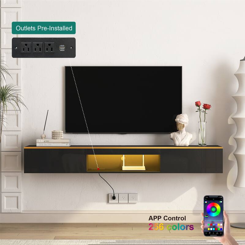 Floating TV Stand Wall Mounted with 16 Color LEDs & Cable Management, 69" Modern TV Cabinet Entertainment Center with Storage